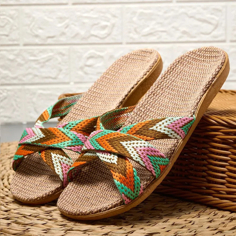 Women Slippers Lightweight Indoor Linen Slippers Antislip Home Shoes Summer Flat Sandals Casual Slippers